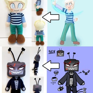 May include: Two plush toys, one a boy with blonde hair wearing a blue and white striped shirt and green trousers, the other a black and grey television character with a red mouth and a cigarette in its mouth. The toys are shown next to their respective character designs.