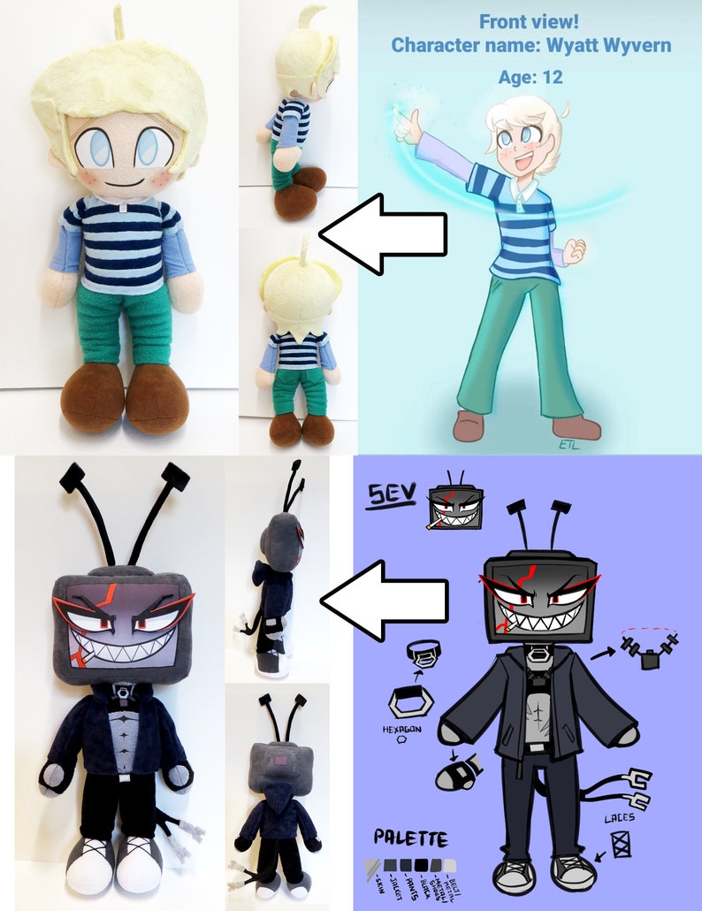 May include: Two plush toys, one a boy with blonde hair wearing a blue and white striped shirt and green trousers, the other a black and grey television character with a red mouth and a cigarette in its mouth. The toys are shown next to their respective character designs.
