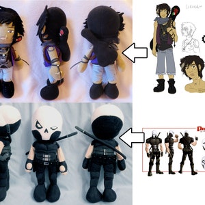 May include: Three plush toys based on cartoon characters. The first is a black-haired character with a skull and crossbones on their shirt. The second is a black-masked character with a skull on their chest. The third is a black-masked character with a skull on their chest and a sword on their back. The image also includes a drawing of the characters.
