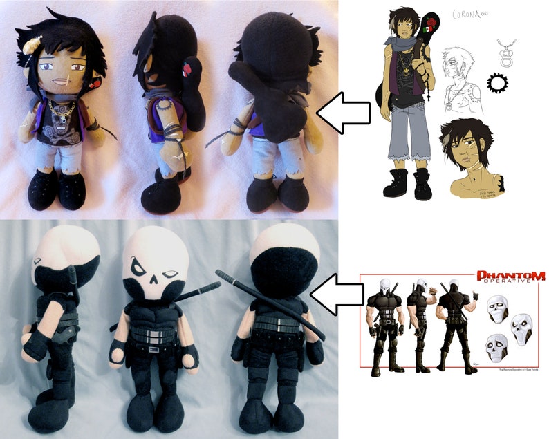 May include: Three plush toys based on cartoon characters. The first is a black-haired character with a skull and crossbones on their shirt. The second is a black-masked character with a skull on their chest. The third is a black-masked character with a skull on their chest and a sword on their back. The image also includes a drawing of the characters.