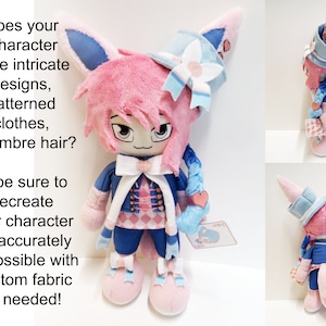 May include: A pink and blue plush toy with a blue hat and a pink and white dress. The toy has a heart-shaped tail and a blue and white bow on its head. The toy is standing on a white background.