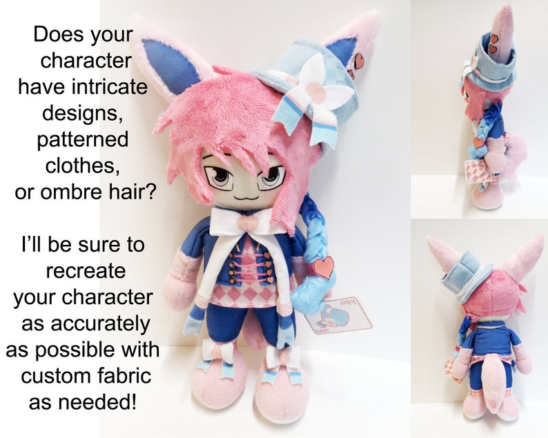 May include: A pink and blue plush toy with a blue hat and a pink and white dress. The toy has a heart-shaped tail and a blue and white bow on its head. The toy is standing on a white background.