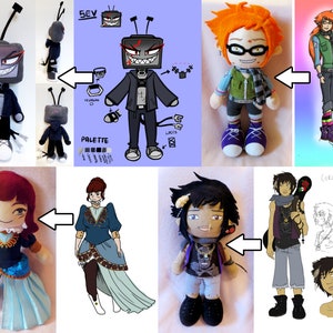 May include: A collection of handmade plush toys based on original character designs. The toys are made with a variety of fabrics and colours, and each one has a unique personality. The designs include a television character with a red and black colour scheme, a character with orange hair and glasses, a character with long red hair and a blue dress, and a character with black hair and a purple shirt.
