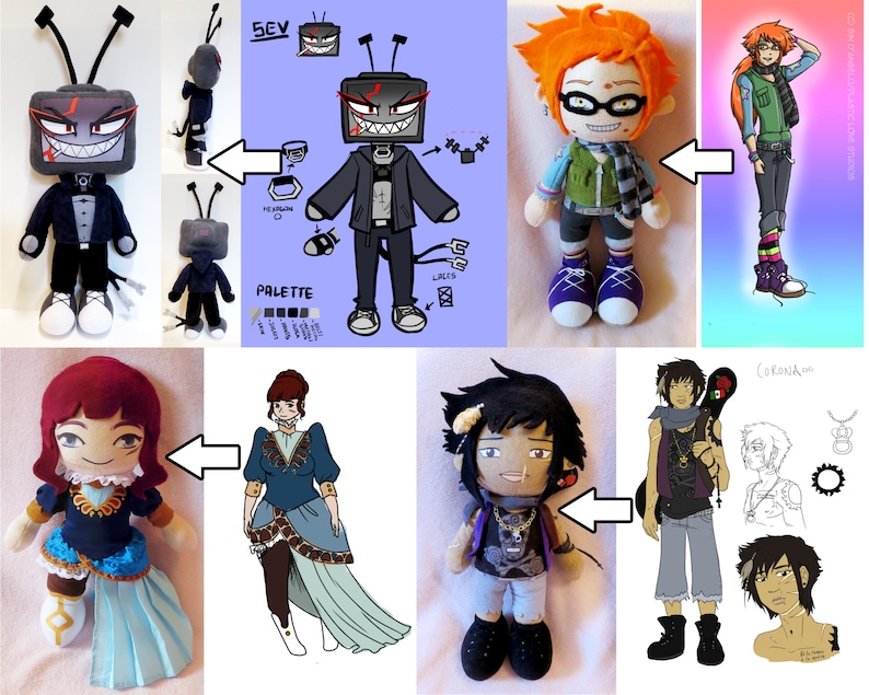 May include: A collection of handmade plush toys based on original character designs. The toys are made with a variety of fabrics and colours, and each one has a unique personality. The designs include a television character with a red and black colour scheme, a character with orange hair and glasses, a character with long red hair and a blue dress, and a character with black hair and a purple shirt.