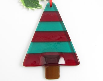 Christmas Tree Ornament - Red and Green Fused Glass Christmas Tree Ornament - Handmade Glass Tree Ornament - Green and Red Tree Suncatcher