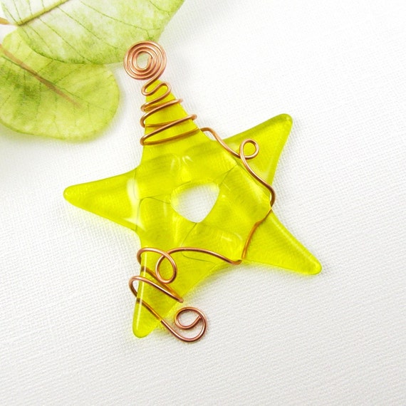 Set of 2 Yellow Stars Glass Fused Christmas Ornament