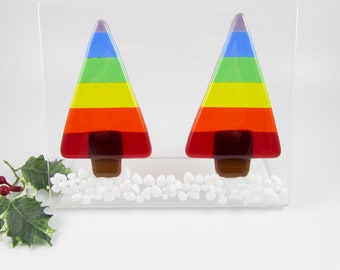 Two Glass Rainbow Trees - Fused Glass Christmas Trees - Rainbow Pride Trees - Gay Pride Christmas - Handmade Fused Glass Rainbow Trees