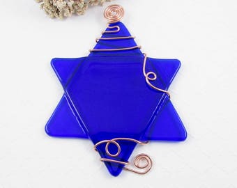 Cobalt Blue Glass Star of David Ornament - Fused Glass Star - Hanukkah Star - Blue Glass Star Wrapped with Copper Wire - Handmade Glass Star