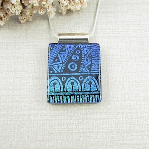 Etched Dichroic Glass Pendant, Blue Teal Patterned Fused Glass Jewelry, Square Handmade Necklace, Gift for Her Bold Unique Statement