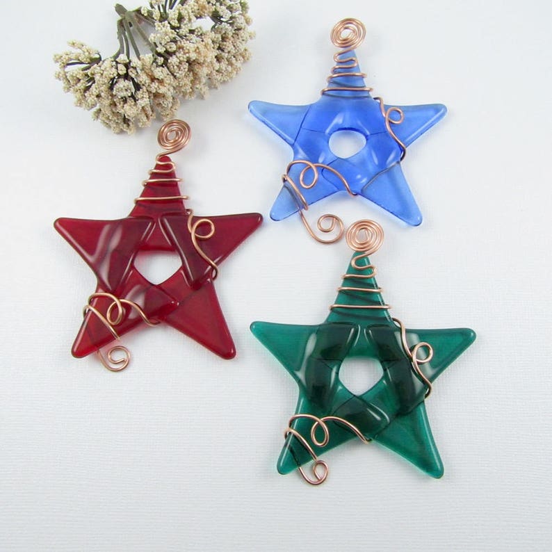 Glass Star Ornament Pick Your Own Colors Handmade Glass Star Ornaments Wrapped with Copper Wire 20 Fused Glass Star Suncatchers