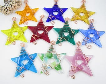 20 Fused Glass Star Suncatchers - Handmade Glass Star Ornaments Wrapped with Copper Wire - Pick Your Own Colors - Glass Star Ornament