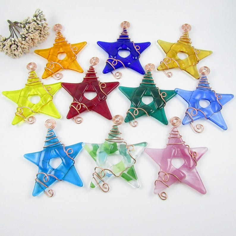 Glass Star Ornament Pick Your Own Colors Handmade Glass Star Ornaments Wrapped with Copper Wire 20 Fused Glass Star Suncatchers
