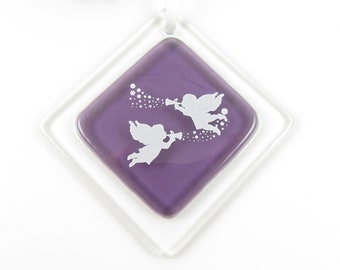 Purple Cherub Ornament - Fused Glass Angel Ornament - Handmade Glass Cherub Christmas Ornament - Trumpeting Cherubs - Purple Ornament