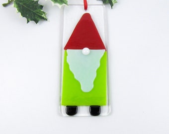 Green Gnome Ornament, Handmade Fused Glass Gnome, Christmas Tree Ornament, Gnome Christmas Ornament, Green and Red Glass Gnome FREE SHIPPING