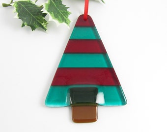 Red and Green Glass Christmas Tree Ornament - Christmas Tree Ornament - Handmade Fused Glass Tree Ornament - Green and Red Tree Suncatcher