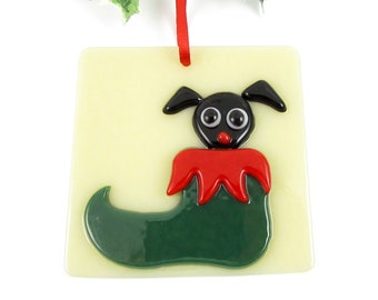 Glass Dog Ornament - Puppy in an Elf Shoe Christmas Ornament - Handmade Glass Christmas Ornament - Black Dog Ornament - Free Shipping