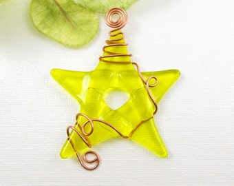 Yellow Glass Star - Fused Glass Star Ornament - Bright Yellow Star Suncatcher Wrapped with Copper Wire - Fused Glass Star - Yellow Star