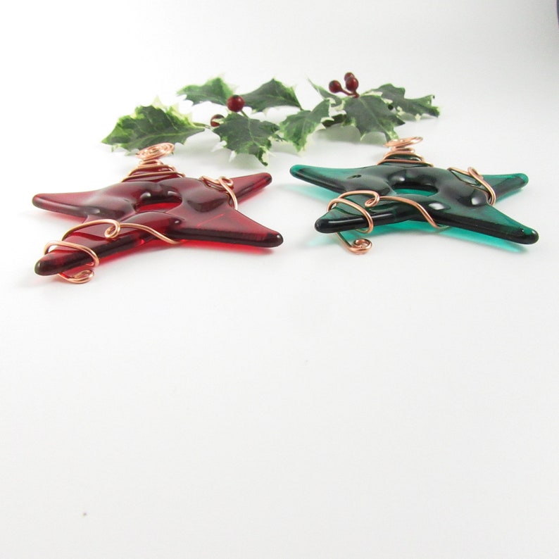 Red and Green Glass Star Ornament Two Fused Glass Star Christmas Tree Ornaments Two Handmade Fused Glass Christmas Star Ornaments image 4
