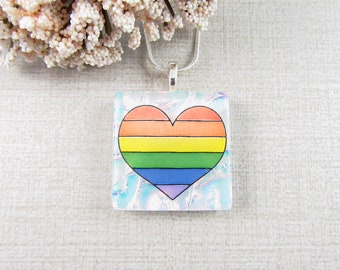 Rainbow Heart Pendant - White Dichroic Glass Heart Pendant - Pride Heart Necklace - Fused Glass Gay Pride Pendant - Glass Rainbow Jewelry