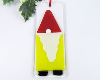 Gnome Ornament, Handmade Fused Glass Gnome, Christmas Tree Ornament, Gnome Christmas Ornament, Yellow and Red Glass Gnome FREE SHIPPING