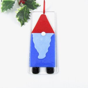 Glass Gnome Ornament, Handmade Fused Glass Gnome, Christmas Tree Ornament, Gnome Christmas Ornament, Blue and Red Glass Gnome FREE SHIPPING