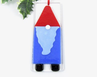 Glass Gnome Ornament, Handmade Fused Glass Gnome, Christmas Tree Ornament, Gnome Christmas Ornament, Blue and Red Glass Gnome FREE SHIPPING