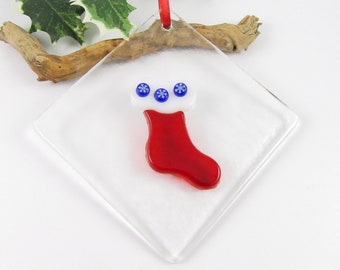 Red Glass Christmas Stocking Ornament - Fused Glass Stocking Ornament with Blue Snowflakes - Christmas Stocking - Glass Christmas Ornament