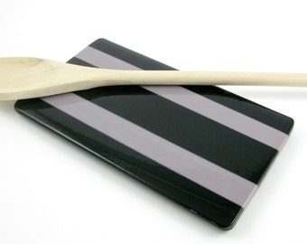 Black Fused Glass Spoon Rest - Mauve and Black Spoon Rest - Handmade Black and Purple Butter Dish - Small Glass Tray - Stripped Spoon Rest