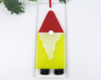 Fused Glass Gnome Ornament, Handmade Glass Gnome, Christmas Tree Ornament Gnome Christmas Ornament, Yellow and Red Glass Gnome FREE SHIPPING