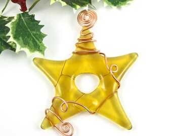 Gold Glass Star - Fused Glass Star Christmas Ornament - Amber Fused Glass Star - Star Christmas Tree Ornament - Handmade Star Suncatcher
