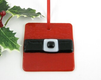 Fused Glass Santa Belly Christmas Ornament - Glass Christmas Tree Ornament - Red and Black Santa Claus Ornament Handade Fused Glass Ornament