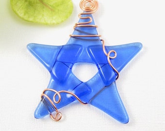 Blue Glass Star Suncatcher Ornament - Fused Glass Star Christmas Ornament - Wire Wrapped Star - Light Blue Star Christmas Decoration