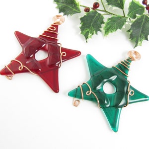 Red and Green Glass Star Ornament Two Fused Glass Star Christmas Tree Ornaments Two Handmade Fused Glass Christmas Star Ornaments image 3