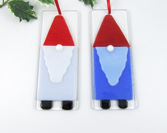 Gnome Ornament Set, Handmade Fused Glass Gnomes, Christmas Tree Ornament, Gnome Christmas Ornament, Purple and Blue Gnome FREE SHIPPING