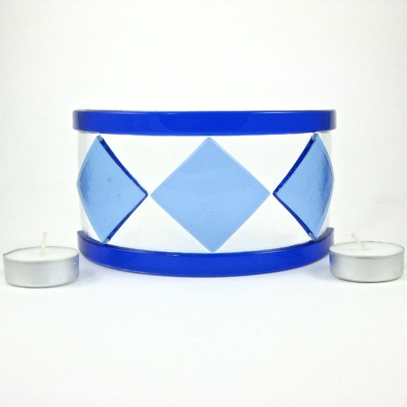 Blue Fused Glass Candle Screen Handmade Cover With Image 0