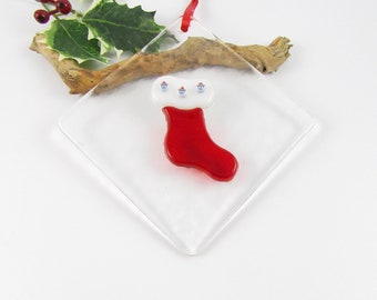 Red Glass Stocking Ornament with Mini Snowmen - Fused Glass Christmas Tree Stocking Ornament - Christmas Stocking - Glass Christmas Ornament