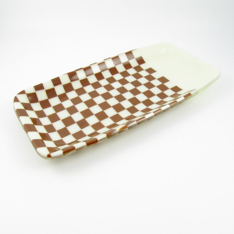 Brown and Cream Checkered Fused Glass Dish