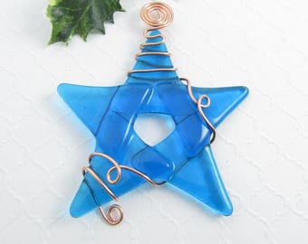 Christmas Star Ornament - Turquoise Blue Glass Star Ornament - Handmade Fused Glass Star Christmas Ornament - Fused Glass Star Suncatcher