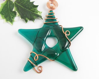 Green Glass Star Ornament - Fused Glass Star Suncatcher - Green Star Christmas Ornament - Wire Wrapped Star Suncatcher - Emerald Green Star