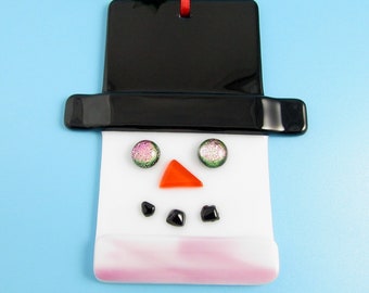 Handmade Snowman Christmas Ornament, Fused Glass Snowman, Snowman Head with Pink Scarf Glass Christmas Ornament, Glass Snowman FREE SHIPPING