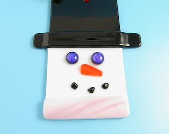 Glass Snowman Christmas Ornament - Fused Glass Snowman Ornament - Snowman Head with a Pink Scarf - Glass Christmas Ornament - Glass Snowman