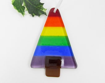 Glass Rainbow Christmas Tree Ornament - Rainbow Suncatcher - Handmade Fused Glass Christmas Tree - Pride Ornament - Gay Pride Christmas Tree