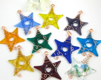 Ten Glass Star Suncatcher Ornaments - Fused Glass Stars your choice of colors wrapped with copper wire.