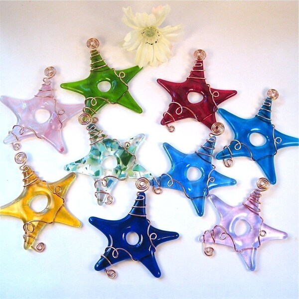 10 Glass Star Suncatcher Ornaments  - Your choice of colors wrapped with copper wire.