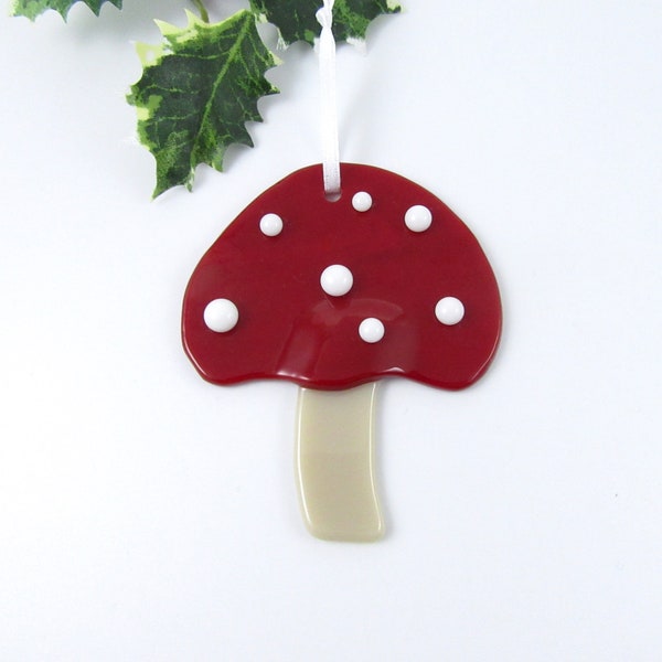 Red Mushroom Ornament - Fused Glass Christmas Ornament - Polka Dot Mushroom Ornament - Fused Glass Christmas Ornament - Red Glass Mushroom