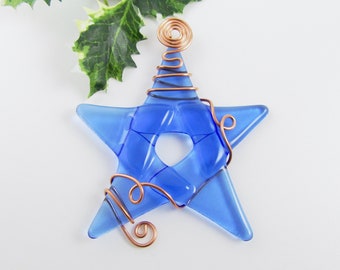 Blue Glass Star - Fused Glass Star Christmas Ornament - Light Blue Fused Glass Star - Star Christmas Tree Ornament Handmade Star Suncatcher