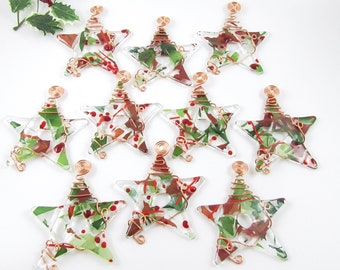 Ten Fused Glass Star Christmas Ornaments - Handmade Glass Stars Wrapped with Copper Wire - Glass Star Ornament Suncatcher - Christmas Stars