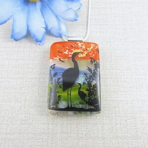 Fused Glass Heron Pendant, Sunset Nature Scene Necklace, Handmade Bird Jewelry, Silhouette Glass Art, Wildlife Lover Gift, Crane Pendant
