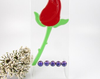 Glass Rose - Standing Rose Decoration - Red and Green Fused Glass Rose with Purple Dichroic Dots - Single Red Rose - Glass Home Decor