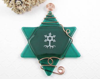 Emerald Green Star of David Ornament - Fused Glass Star of David Suncatcher - Hanukkah Star - Greem Glass Star Wrapped with Copper Wire  SOD